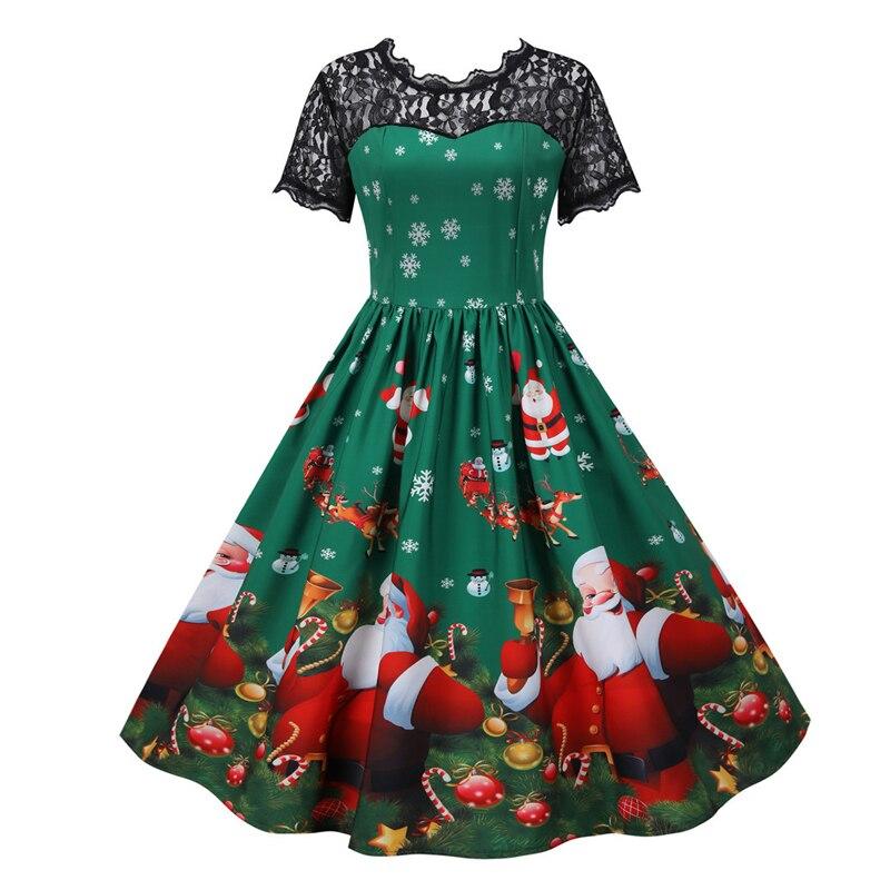 Santa Claus Print Elegant Women Lace Short Sleeve Vintage Pleated Dress Plus Size