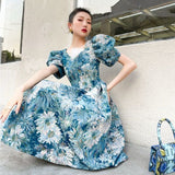 French Vintage Print Party Blue Dresses Women Korean Style Designer Sweet Cute Dress A-line Puff Sleeve Retro Dress Sunmmer