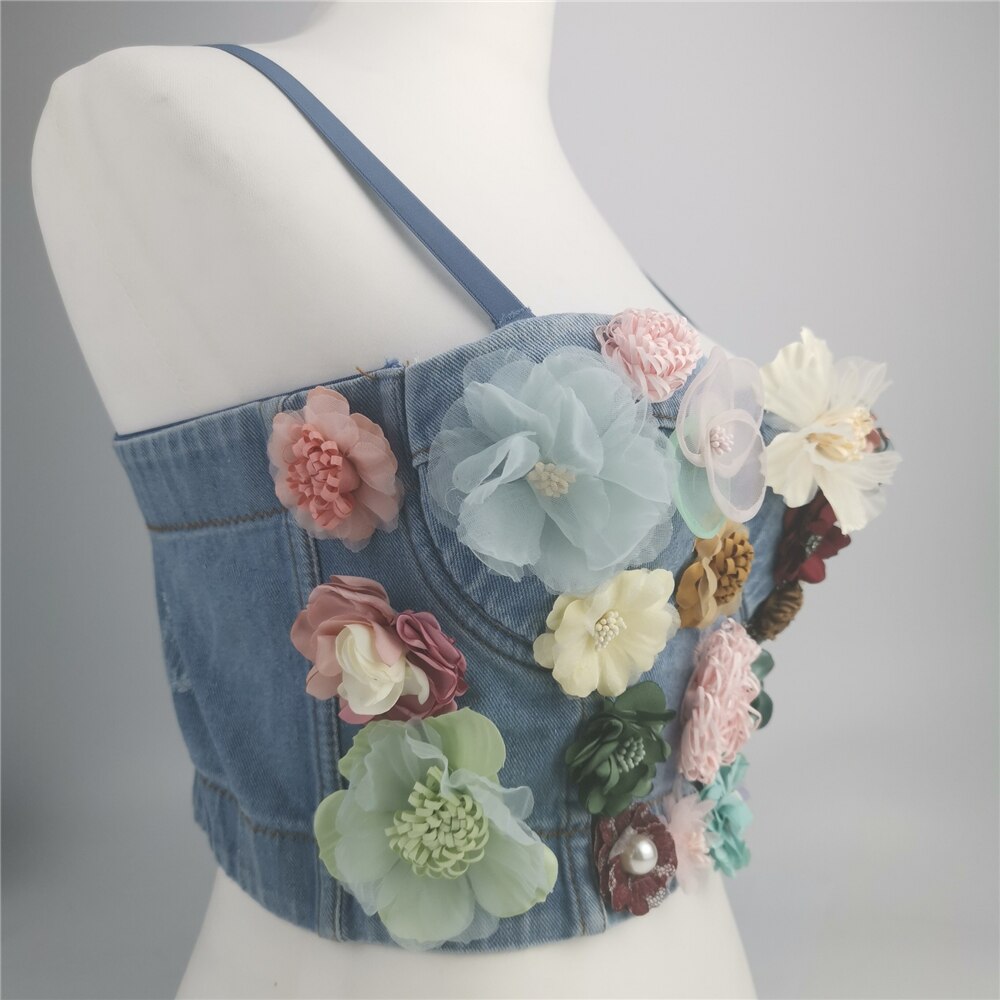 Sexy Denim Flowers Corset With Cup Nightclub Party Short Cami Cropped Built In Bra Crop Top YH982