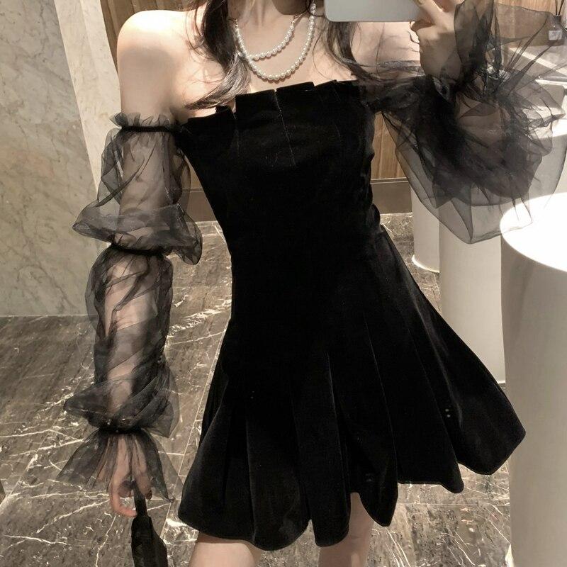 Gothic Sexy Dress Vintage Off Shoulder Lanter Sleeve Mesh Patchwork Velvet Mini Dress Dark Street Grunge Black Dress For Female