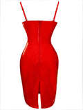 Sexy Women Red Black Tight Dress Party Leather Sexy Midi Dresses  Sleeveless Solid Faux Leather Bodycon Pencil Dress