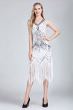 1920s Vintage Great Gatsby Double V-Neck Sleeveless Beaded Sequin Tassel Dress Art Deco Flapper Dress for Party