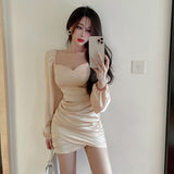 Autumn Women French Square Collar Puff Sleeve Slim Dress Female Satin Pleated Bodycon Mini Vestdios