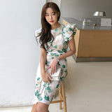 Women Sexy  Puff Sleeve Office lady Vestidos Summer  Elegant Slim Waist Female print Dresses