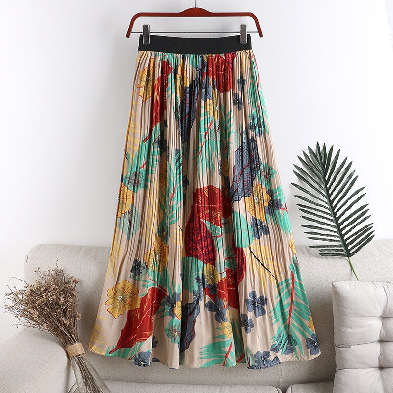 Women Chiffon A-Line Pleated High Waist Floral Print Elegant Skirt