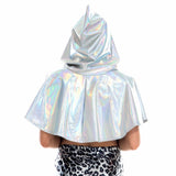 Shiny PU Leather Holographic Cape Unisex Cosplay Metallic Death Cape Short Hooded Rave Festival Cloak Hat Halloween Costume