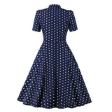1950s Elegant Navy Blue Polka Dot Short Sleeve Robe Pin Up Swing Retro Party Vintage Dresses