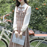 Patchwork Vintage Kawaii Dress Women Fake Two-Piece Plaid Party Midi Dress Female Korean College Style Chic Dress Autumn 2021