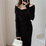 Women V-Neck Drawstring Knitted Midi Dress Korean Elegant Long Sleeve Autumn Winter Female Chic Sweater Dresses