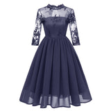 1950s Formal Long Sleeve Mesh Hollow Out Swing Elegant Evening Party Chiffon Embroidered Dress