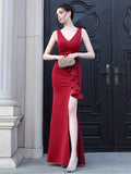 Candy Color Women Sexy Party Maxi Dress Royal Blue Soft Satin V Neck Slit Evening Dress