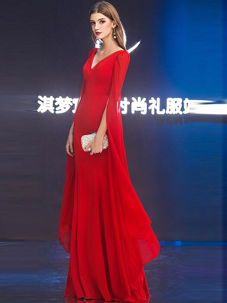 Black Red Queen Evening Dresses Duble V Long-Sleeve Women Stage Dress Mermaid Zipper Floor-Length Chiffon Vestidoes Evening
