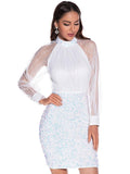 Long Sleeve Dress Tulle Sequin White Dress Women Sexy Party Evening Dress
