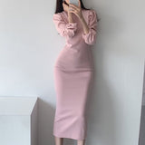 Autumn Elegant Ladies Office Puff Sleeve Dress Women Fashion Slit Solid Slim Midi Dress Vestidos