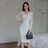 Spring Women Puff Sleeve Lace Solid Skinny Dress Elegant V-Neck Bodycon Pencil Vestidos Femme