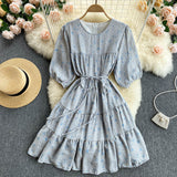 Floral Print Summer Tiered Elegant Chiffon Mini Dress Round Neck Half Puff Sleeve Casual Dress With Belt