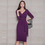 Autumn Women Vintage Elegant Office Lady V-Neck Vestidos Business Waistbelt Bodycon Slim Dress