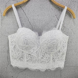 Lace Embroidery Crop Tank Top With Cups Off Shoulder Corset Sexy Top With Built In Bra Dance Nightclub Lingerie Clothing