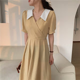 Summer Women French Elegant Turn Down Collar Puff Sleeve Dress Casual Patchwork Vestidos