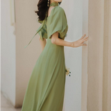 Summer Green Patchwork Retro Dress Women Solid Elegant Pary Midi Dress Female High Waist Designer Korean One-piece Dress 2021