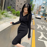 2021 Women Long Sleeve Knitted Buttons V-Neck Bodycon Dress Autumn Winter Fashion Party Slim Dress