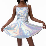 Glitter Laser Hologram A-line Gradient Color Sexy Backless Sleeveless Mini Dress