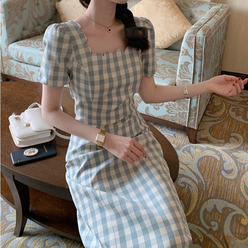 For Women Summer Square Collar French Style Plaid Short Sleeve Holiday Dresses