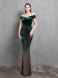 Slash Neck Full Evening Dress Elegant Velour Patchwork Sequins Slim Party Dress Mermaid Formal Gowns Women Dress