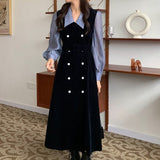 Women Autumn French Elegant Dress Patchwork Lapel Chic Double-Breasted Belt Lantren Sleeve Vestidos