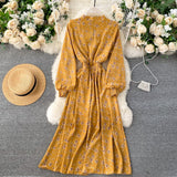 Women Casual Autumn Lady  Vintage Floral Printed Chiffon Shirt Dress Long Sleeve Bow Midi Spring Summer  Vestido