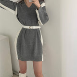 V Neck Long Sleeve Color Block Loose Sweater Dress With Belt Casual Knitted Mini Dress