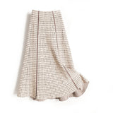 Women Elastic High Waist Elegant A-Line Plaid Button Skirts Knit Outwear