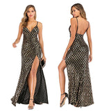 Sparkle Cocktail Dress Sexy Deep V-neck Backless Party Dress Sleeveless Long Prom Gown Sequins Side Fork Formal Dress