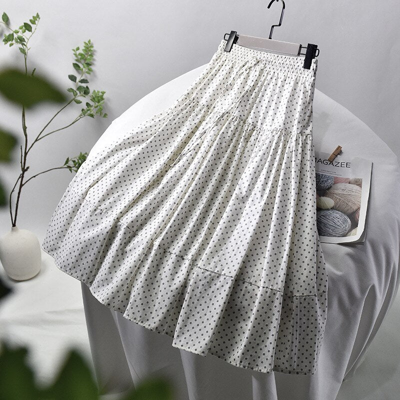 Summer Cotton High Waist A-line Pleated Women Dot Print Casual Skirts