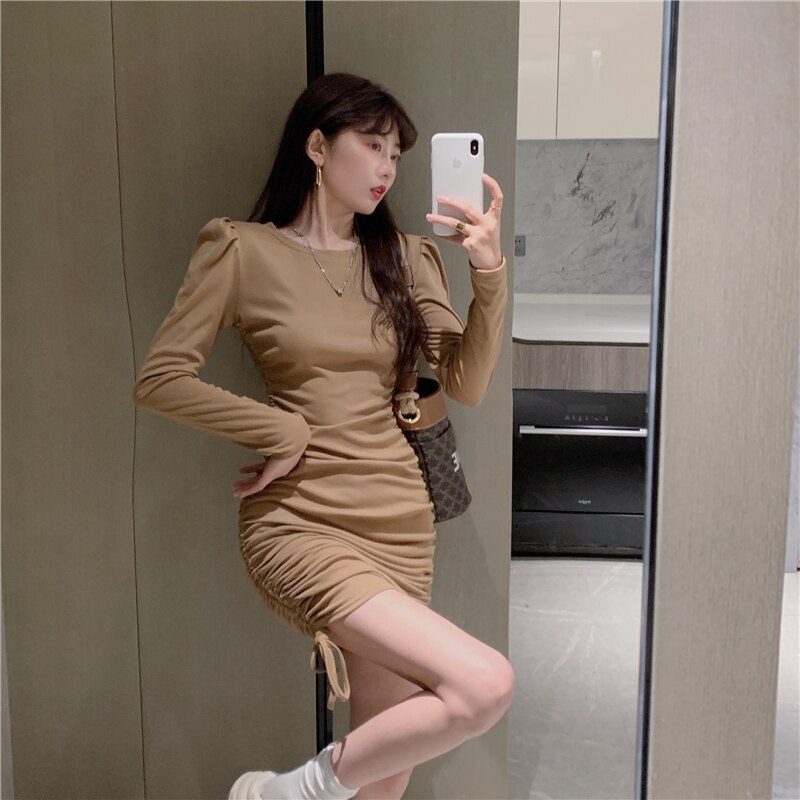 2021 New Women's Autumn French Long Puff Sleeve Mini Dress Slim Sexy Solid Color Bodycon Party Vestidos