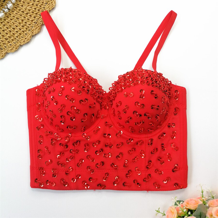 Sexy Crop Top To Wear Out Short Beads Sequins Women Cropped Top Corset Push Up Bustier Camis Built in Bra