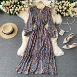 2021 French Spring Summer Women's Floral Chiffon Dress Femme Robe Long Sleeve Fashion Sexy V-Neck Vintage Vestidos Clothing