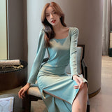 Autumn Women Elegant Square Collar Split Knee-Length Dress Female Solid Color Long Sleeve Fashion Holiday Party Vestdios