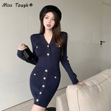 Winter Elegant Knitted Sweater Dress Women Vintage Bodycon Party Mini Dress Female Korean Fashion Button Designer Dress 2021