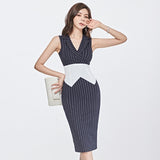 Summer New Office Lady Style Women Striped Elegant Dress Female Vestidos Business Knee-Length Dress