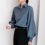 Lantern Sleeve Casual Office Lady Work Blouse Solid Vintage Blouse Shirts Tops