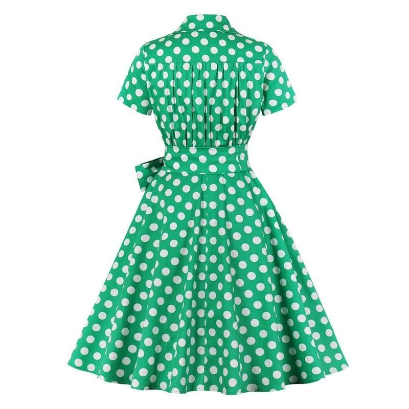 Green Surplice Neck Wrap Belted Vintage Robes Polka Dot Elegant Short Sleeve Summer Pin Up Midi Dress