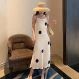 New Women Summer Satin Dot Print Dress Camisole Maxi Sundress Korean Fashion Dress