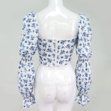 Long Sleeve Crop Tops Vintage Floral Print Blue Puff Sleeve Blouse Sexy Backless Front Tie