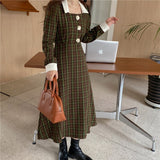 Women 2021 Autumn French Elegant Square Neck Lace Chic Single-Breasted Puff Sleeve A-Line Plaid Vestidos