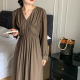 Gathered Chic Elegant Vintage Dress V Neck Long Sleeve Belted Midi Dress