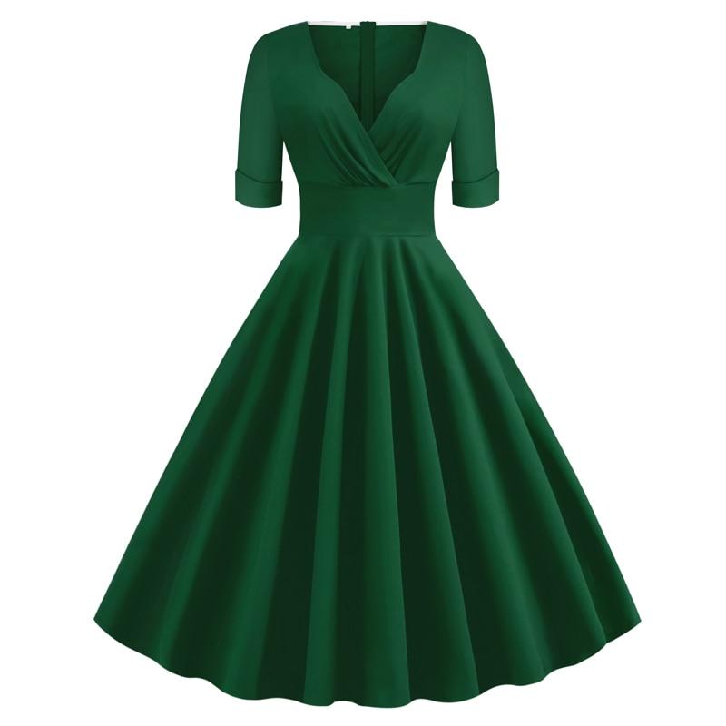 Green Solid Rockabilly 1950S Vintage Ruched V Neck Elegant Half Sleeve A Line Midi Dress