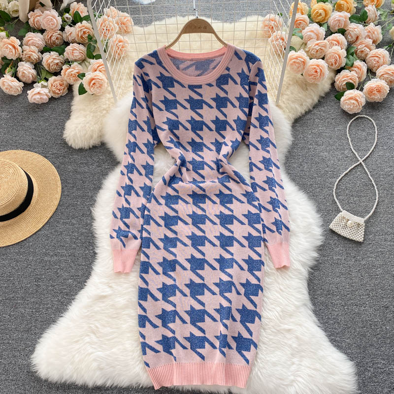 Long Sleeve Knitted Sweater Dress Winter Round Neck Houndstooth Elegant Slim Casual Midi Dress