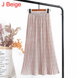 High Waist Floral Print Mid Calf Long Pleated Women Summer Vintage Elegant Chiffon Midi Skirt