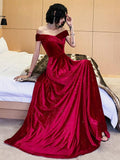 Burgundy Big A-line Evening Dress Off-Shoulder Formal Party Prom Gowns Shinning Velour Girl Vintage Homecoming Long Dress